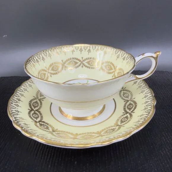 Antique Paragon Cabbage Rose Tea Cup and Saucer Set Heavy Gold Pattern England